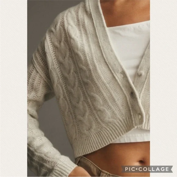 :Price Firm: Anthropologie Crop Cable Cashmere Cardigan Hoodie in Light Gray - Picture 3 of 9